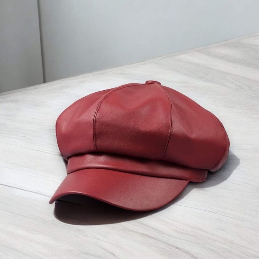 Dark Red Faux Leather Newsboy Hat OS NWT